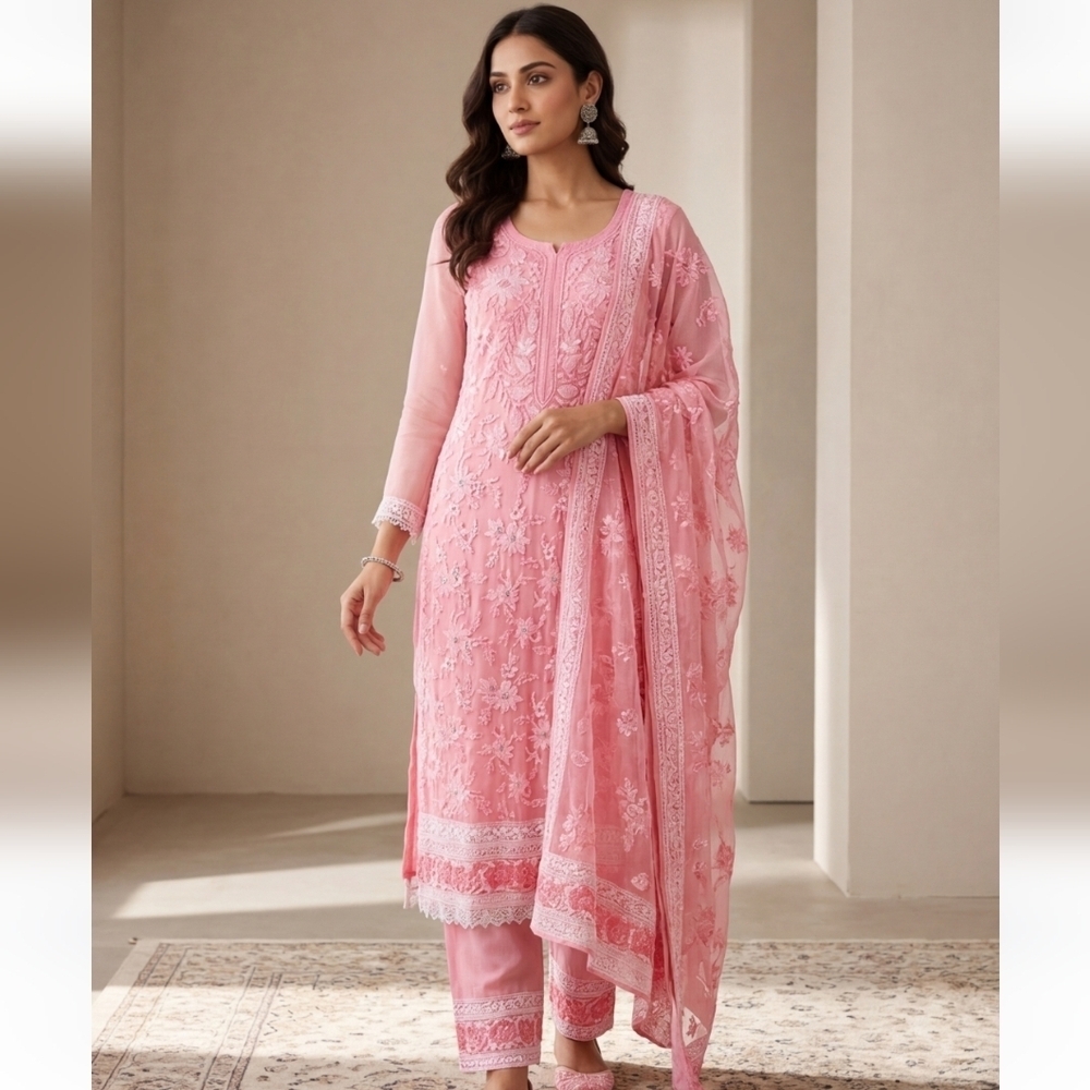 Pink Floral Indian Suit with Lace & Sheer Sleeves- XS New